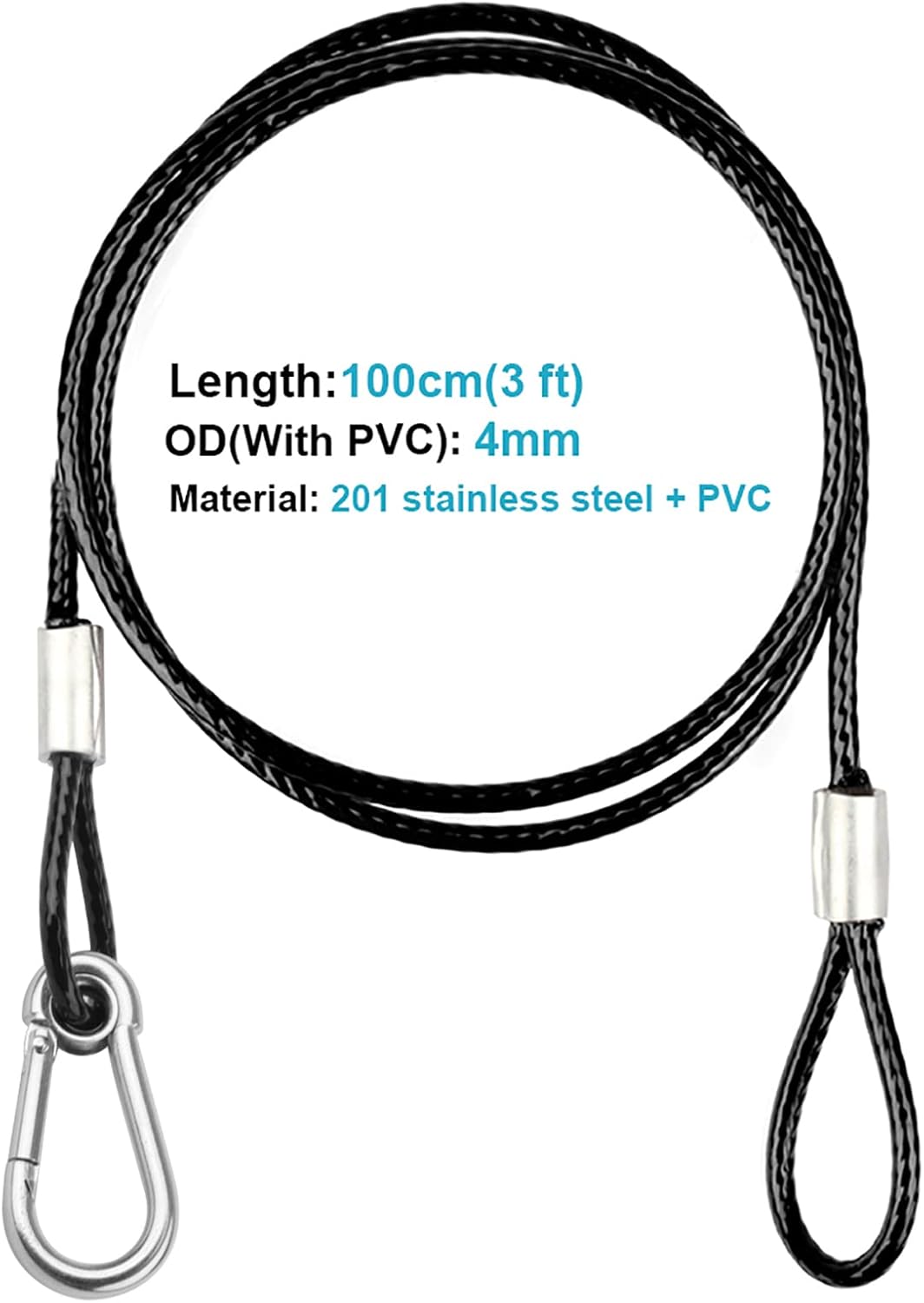 10 PCS 39.4 in Safety Cable, Security Cable with Loops for DJ Stage Par Lighting, Black Coated Braided Stainless Steel Safety Wire, Max. Load 110 lb, 4mm Diameter