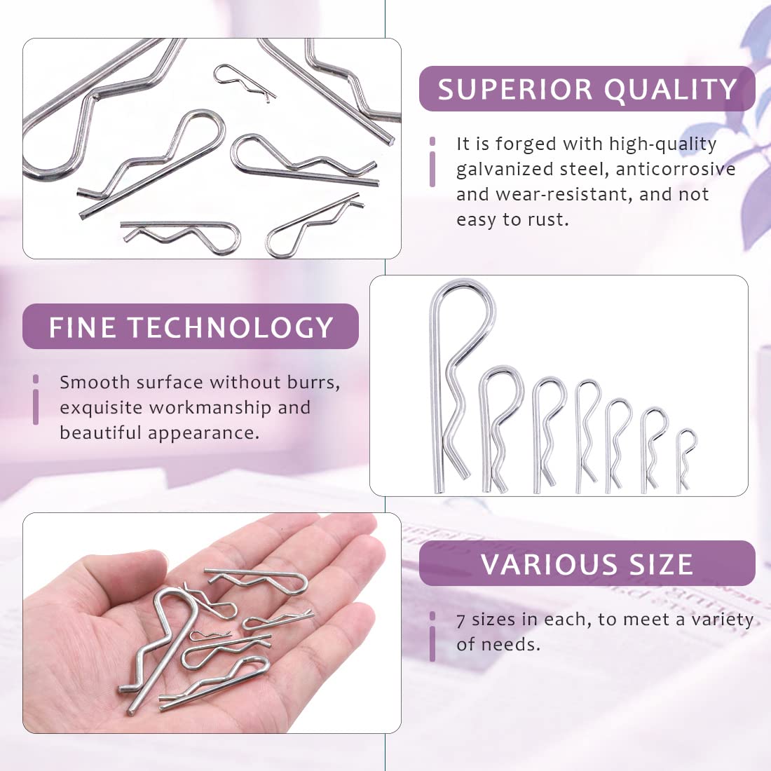 Swpeet 110Pcs 304 Stainless Steel Cotter Pin Hair Pin Hitch Pin R Shape Clips Fastener Fitting Assortment Kit, Multiple Sizes Hair Pins R Clips Fastener Set for Use on Hitch Pin Lock System