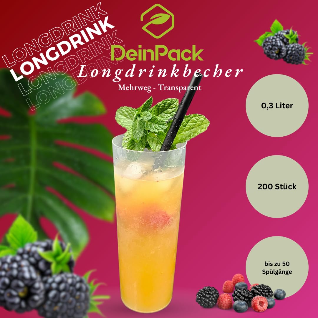 200 Longdrinkbecher | Mehrwegbecher 300ml Made in Germany | Getränkebecher mit Eichstrich | wiederverwendbar | Transparent aus PP | Trinkbecher 0,3l | Bierbecher | Partybecher