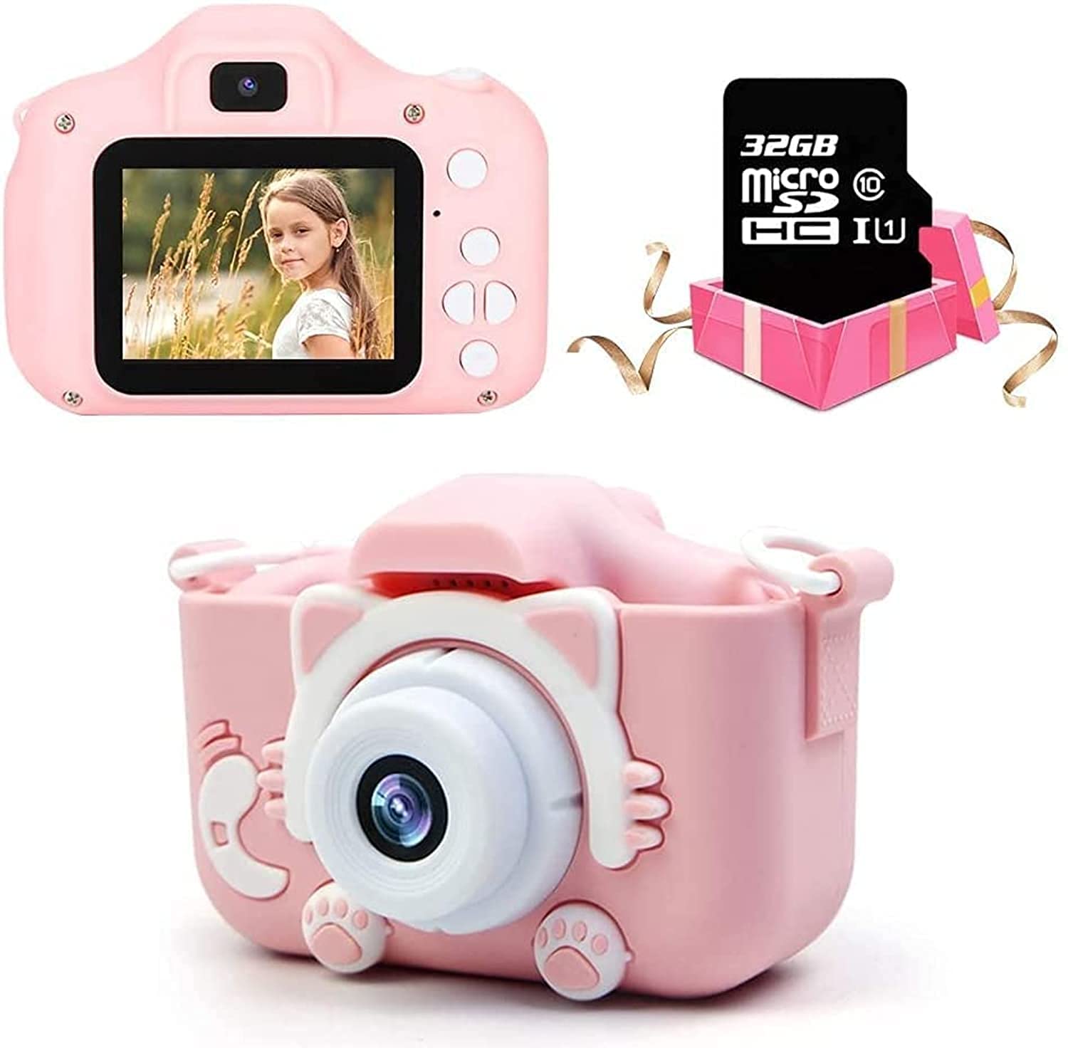 Kids Camera Gift Toys for 3-8 Years Old Girls Boys, 1080P HD Digital Video Camcorder Camera with Cartoon Soft Silicone Cover, Best Christmas Birthday Festival Gift for Kids - with 32G SD Card (Pink)
