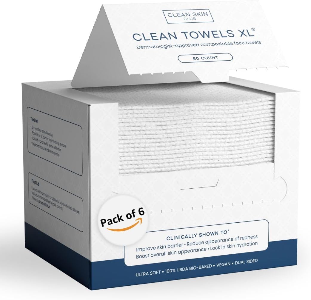 Clean Towels XL®, 100% USDA Biobased Face Towel, Disposable Face Towelette, Eczema Association Accepted, Makeup Remover Dry Wipes, Ultra Soft, 50 ct per pack, 6 Packs, 300 Ct Total