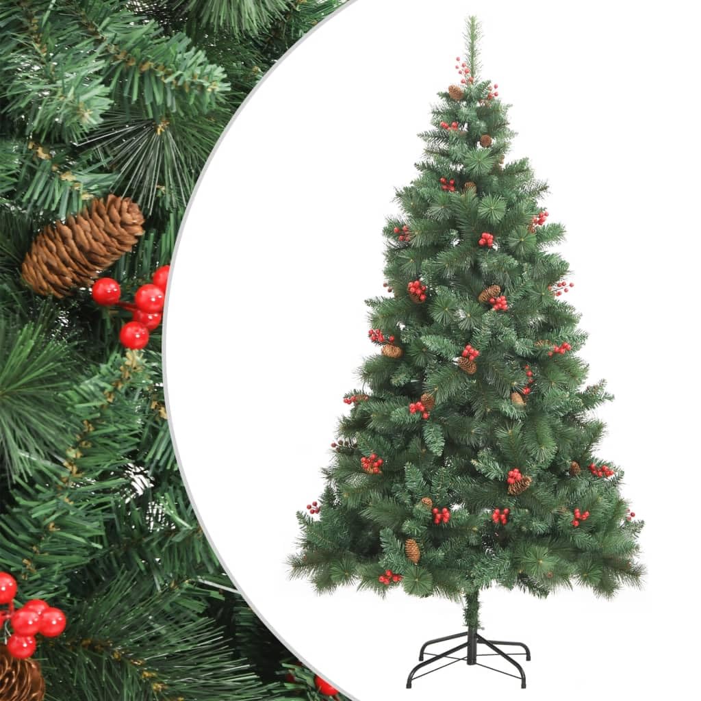Árbol de Navidad artificial plegable con piñas y bayas, 210 cm, PVC, con soporte de metal para salón, balcón, terraza, interior, decoración de Adviento