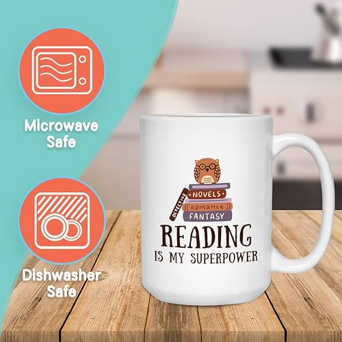 Miniatura 2 de Book Lover - Taza de café de 15 onzas, color blanco, lectura es mi superpotencia, lector de búho de lectura, apilamiento de libros, amante de los