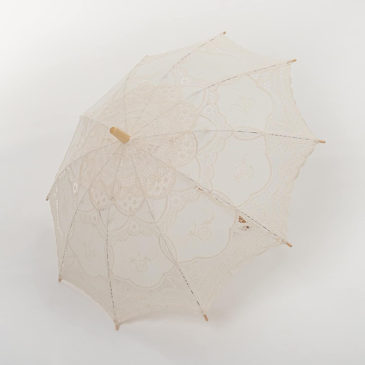 THY COLLECTIBLES Cotton Lace Parasol Umbrella with Wooden Handle Vintage Lolita Coquette Look for Wedding Bridal Umbrella Decoration for Photoshoot, Costume Theme Party, Halloween