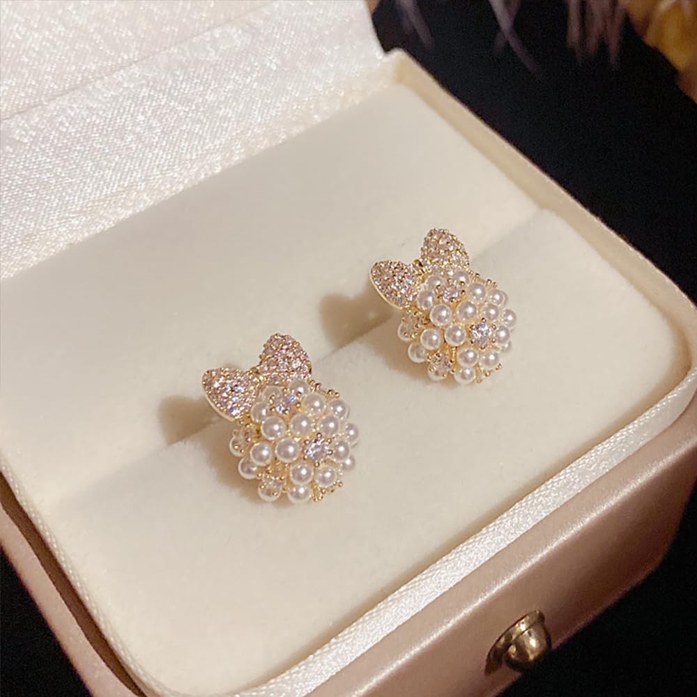 Gold Rhinestone Bow Pearl Stud Earrings for Women Chunky CZ Bowknot Pearls Stud Earrings Dainty Butterfly Knot Beaded Earrings Jewelry Accessories - Image 4