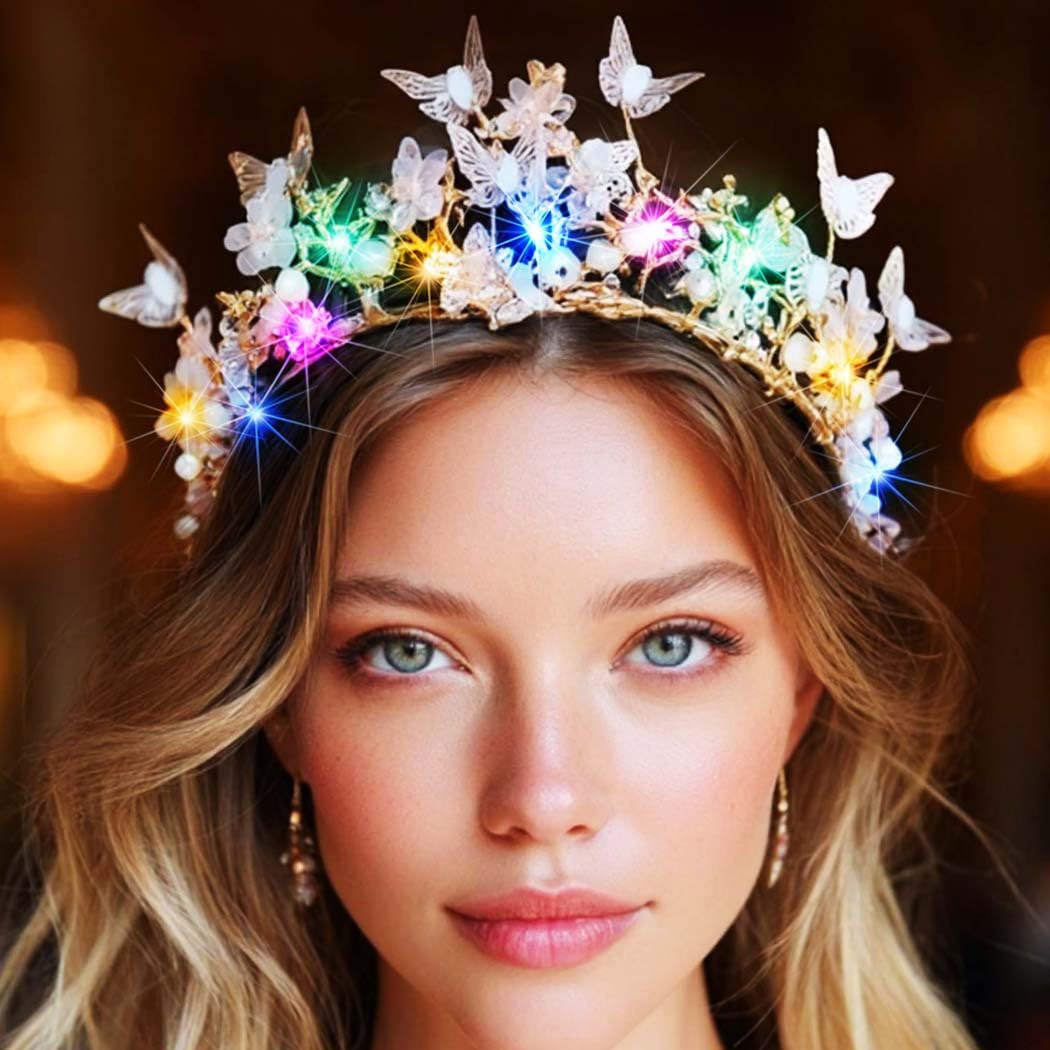 Yean Light Up Butterfly Crown Gold Queen Crowns Fairy Tiara Hair Accessories for Women (Gold-Color Light, One Size) - Image 3