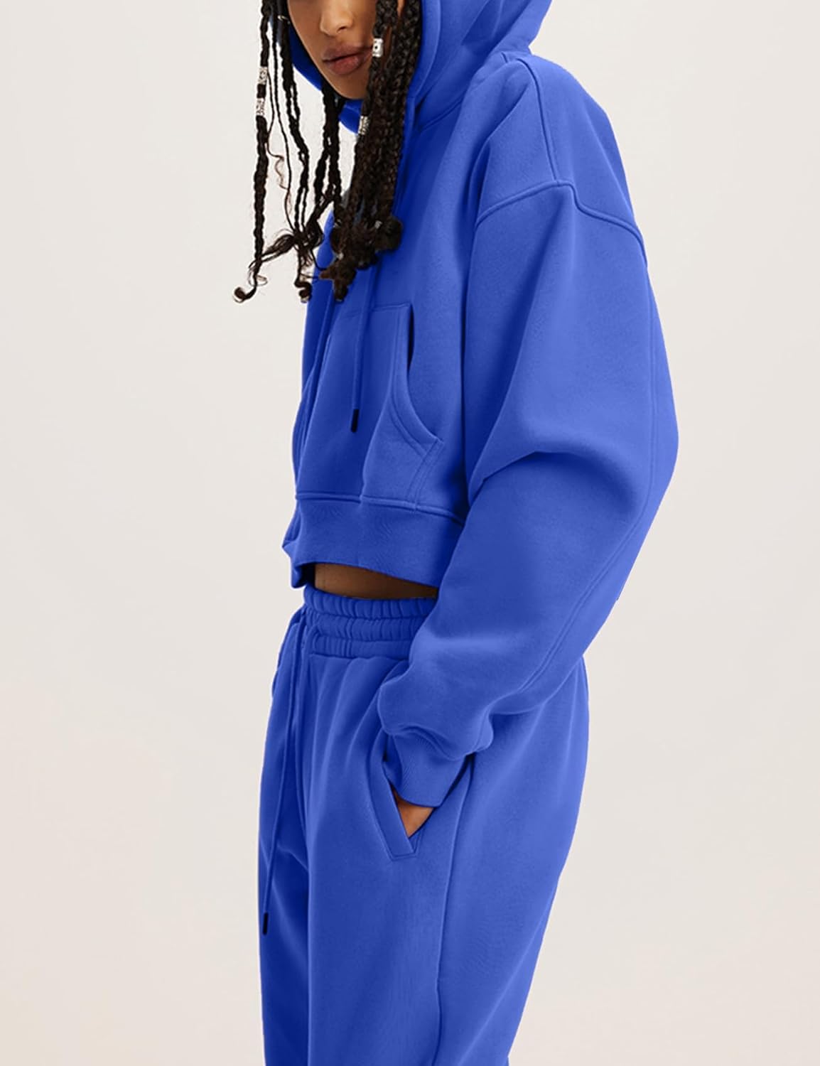 Flygo Womens Fleece 2 Piece Outfits Sweatsuit Crop Pullover Sweatshirt Joggers Pants Tracksuit Set - Image 5