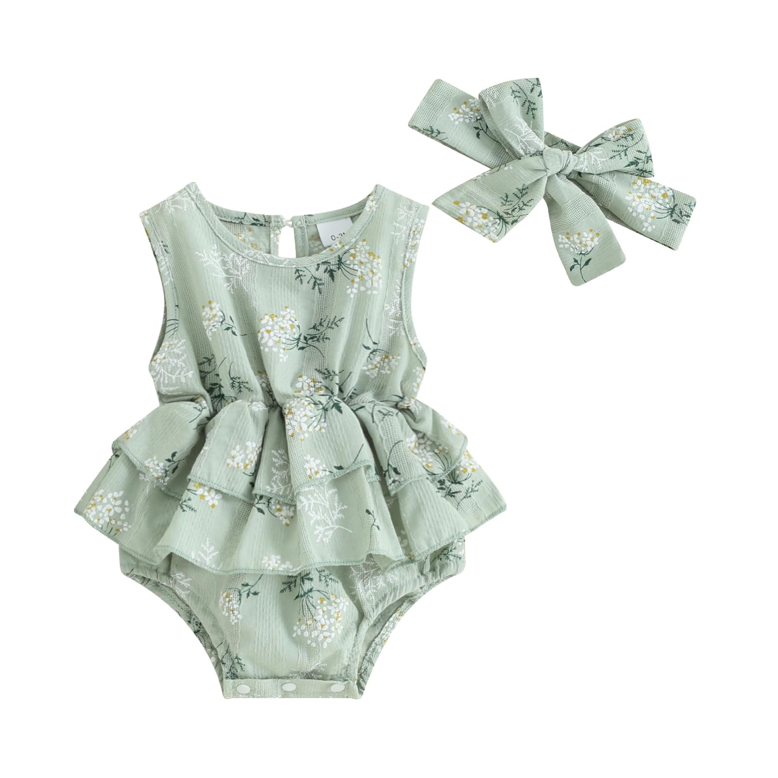 KMBANGI Newborn Infant Baby Girl Romper Dress Sleeveless Floral Print Round Neck Bodysuit with Headband 2 Pcs Summer Jumpsuit (Green, 0-3 Months)