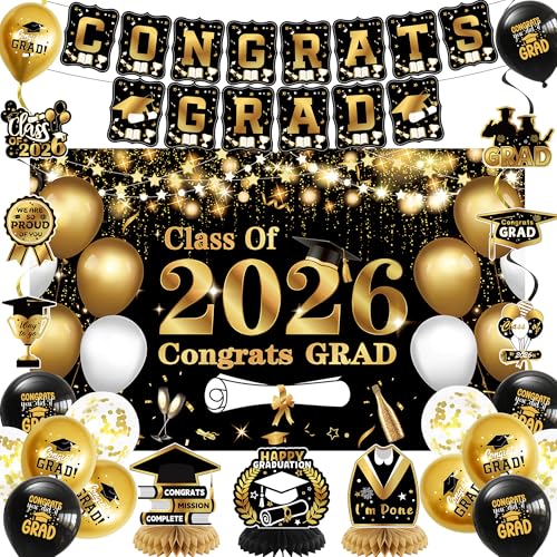 Image of DARUNAXY Black Gold Graduation Party Decorations, Gold Class of 2026 Graduation Banner, 2026 Congrats Grad Honeycomb Hanging Swirl Confetti Balloon Congratulations Graduates Party Supplies(25PC)
