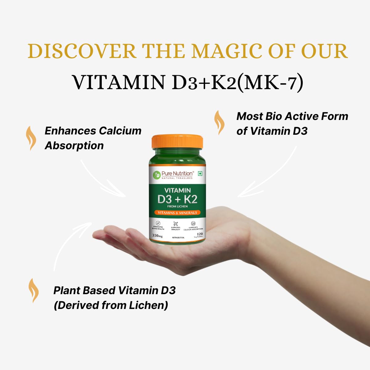 Pure Nutrition Vitamin D3 K2 – 120 Tablets | High Absorption Vitamin D3 from Lichen + MK7 for Strong Bones, Joints & Heart | Boosts Calcium Absorption, Supports Immunity & Muscle Strength | Ideal for Bone & Cardiovascular Health — Amazon image 2