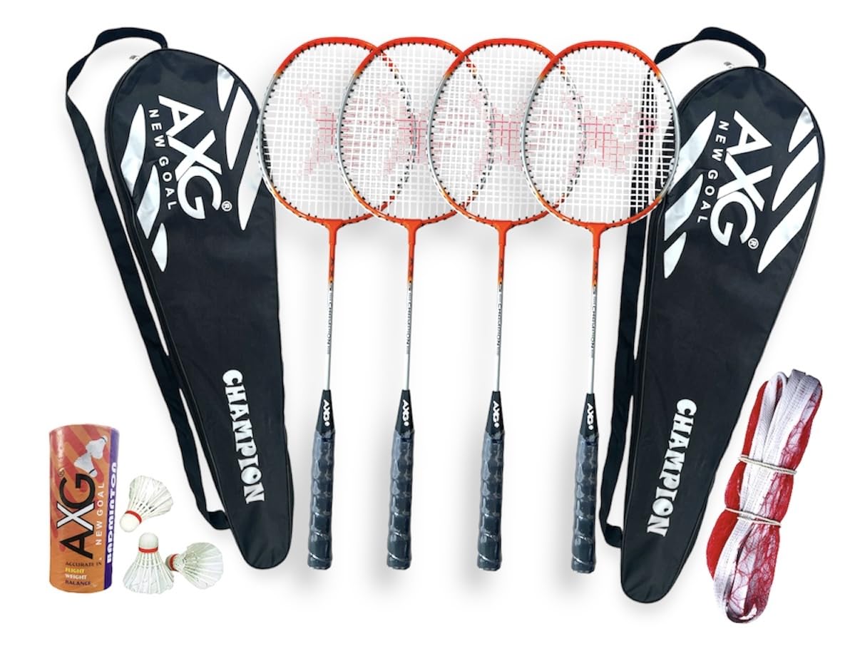 Isometric Champion Tenacious Wide Body Rackets (Set of 4) with Feather Shuttles, Net & Cover Badminton Kit (Orange)-image-32