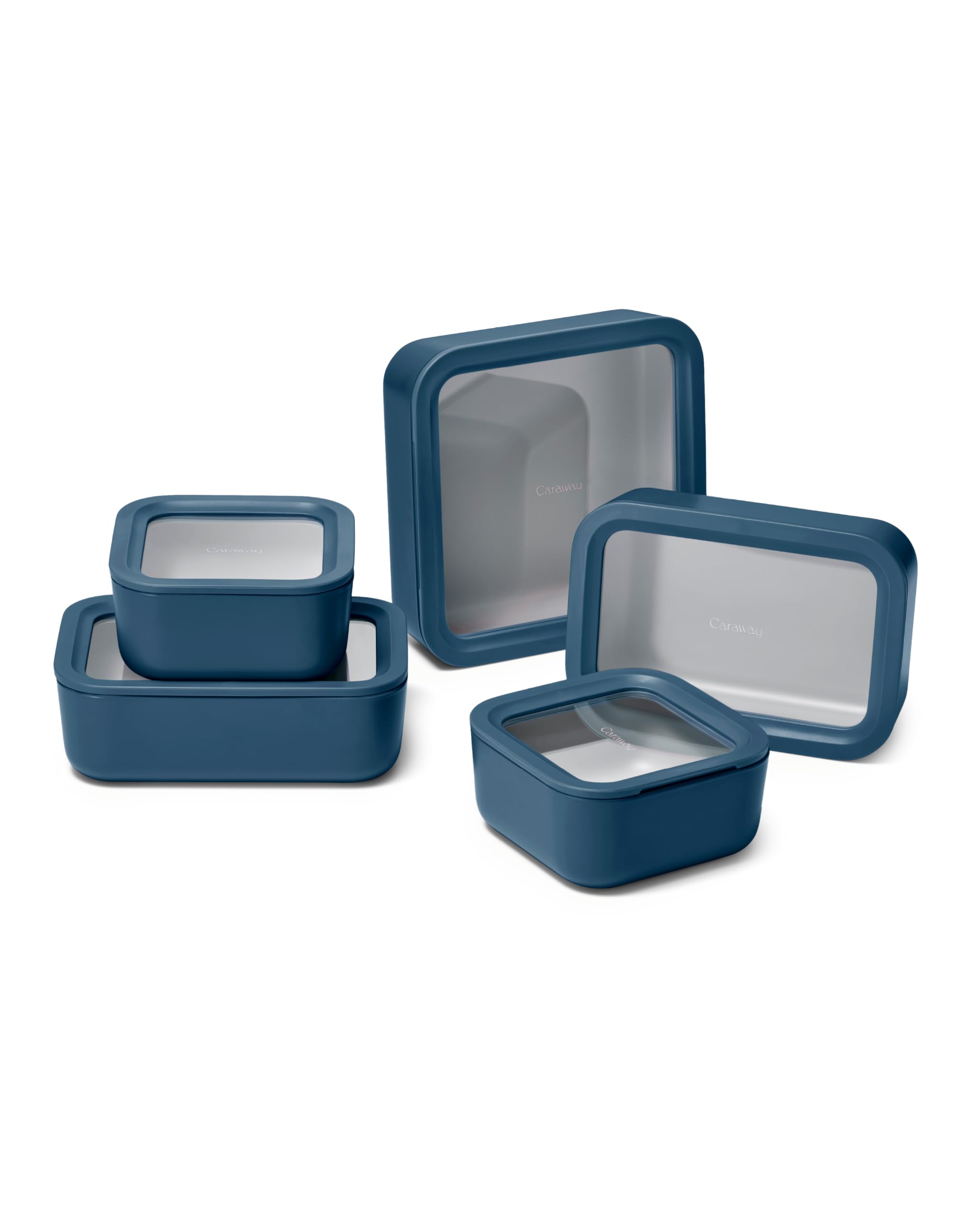 Caraway 14 Piece Glass Food Storage Set - Ceramic Coated Food Containers - Easy to Store, Non-Toxic Lunch Box Container with Glass Lid - Storage Organizer & Dots & Dash Insert - Navy