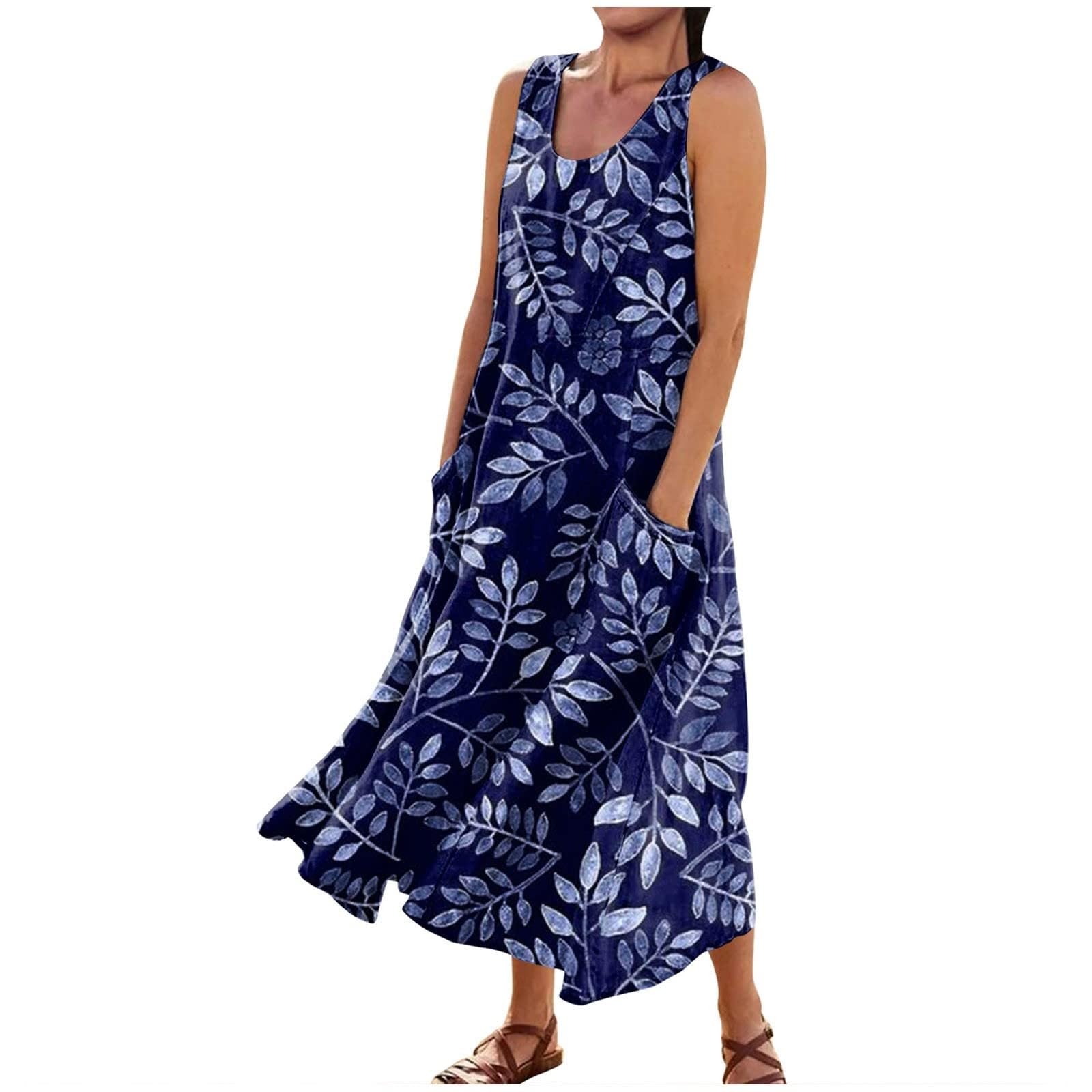 OverDose Boutique Vestidos Largo Mujer Algodón y Lino Vestido Verano Basico Casual Vestidos Cuello Redondo Vestidos Color sólido Elegante Vestido sin Manga Cómodo Playa Talla Grande