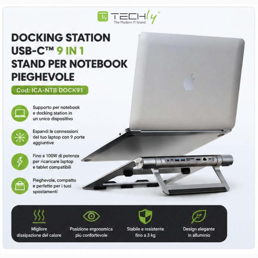 Techly 368314 Docking Station USB-C™ 9 in 1 Hub USB3.2 Stand per Notebook Pieghevole Silver