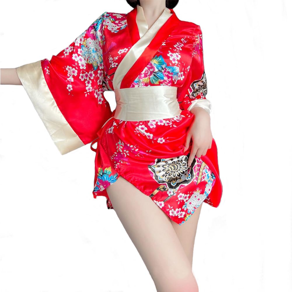 Women Sexy Kimono Robe Short Dressing Gown Silk Satin Japanese Kimono Robe Ladies Girl Floral Spa Bathrobe Yukata Nightwear Sleepwear Nightgown Home Pajamas Bridesmaid Party Robe With Lingerie & Belt