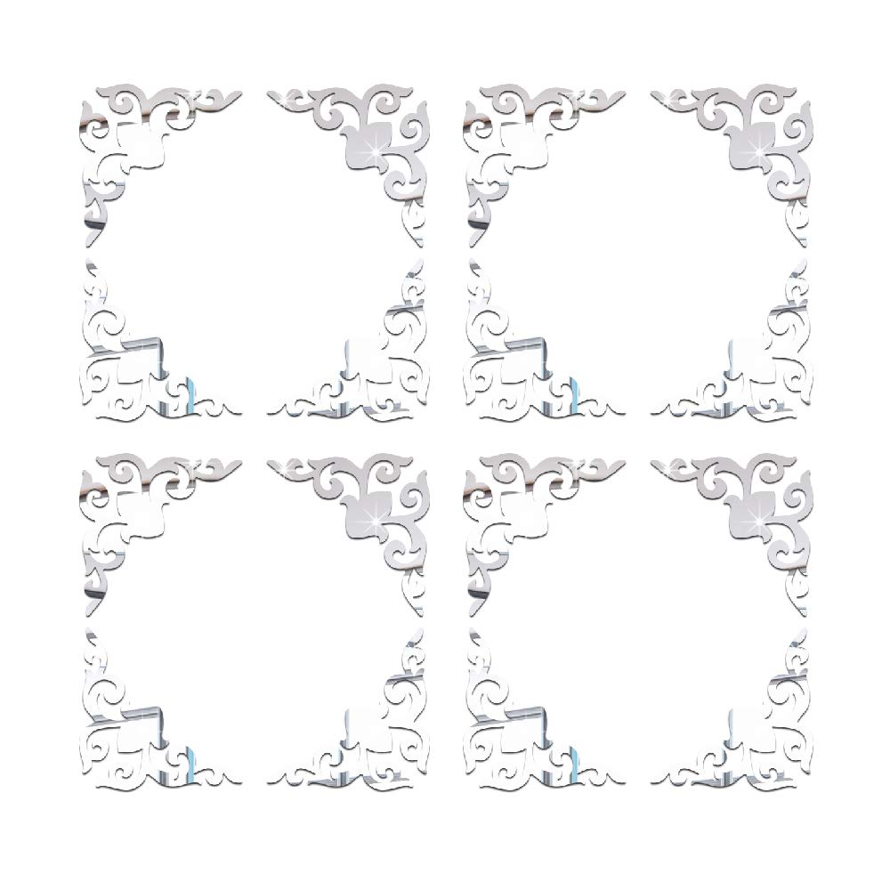 funlife 16PCS Corner Onlay Applique Pattern Hollow Self Adhesive Wall Mirror Stickers, Non Glass Small Acrylic Mirror for Home Cabinet Wall Decor, Corner Onlay Applique Pattern, 3.94" X 3.94" Silver
