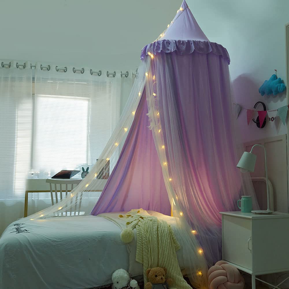 Surwin Dosel de Cama para Niña Niños Bebés Mosquitera Dosel Cama Individual Matrimonio, Redonda Toldo de Cuna de Castillo de Dormitorio Decoración de Habitación (morado blanco)