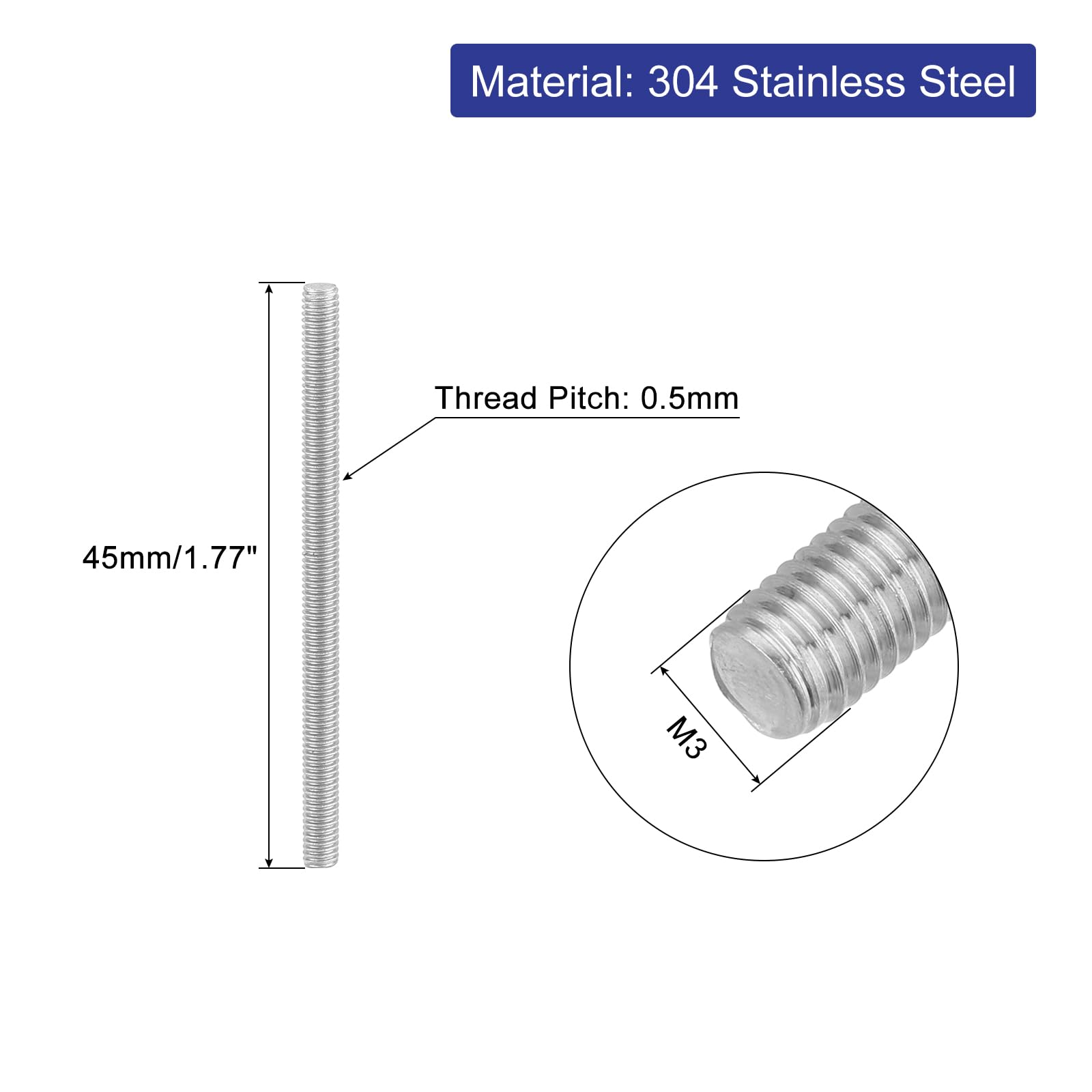 QUARKZMAN 16pz Asta Filettata Intera, M3 x 45mm Acciaio Inossidabile 304 Borchie Barra Filettatura Destra M3-0.5 Filo di Pece per Assemblaggio Mobili Macchinari