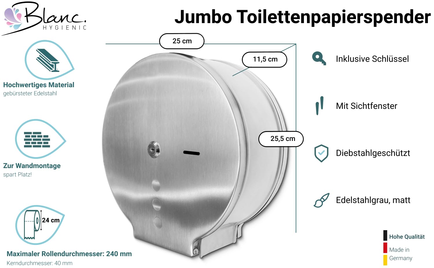 Jumbo Toilettenpapierspender Midi Edelstahl | Edelstahl matt, abschließbar, Wandmontage, Rollen bis Ø 240 mm & robust