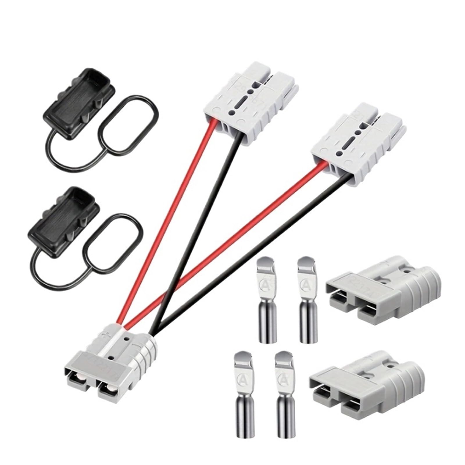 1 x złącze do szybkiego łączenia/odłączania akumulatora 50 A z nasadkami przeciwpyłowymi, 1 do 2 wtyczka Anderson podwójny adapter Y, kabel rozdzielacza 10AWG (szare z gumowymi nasadkami)