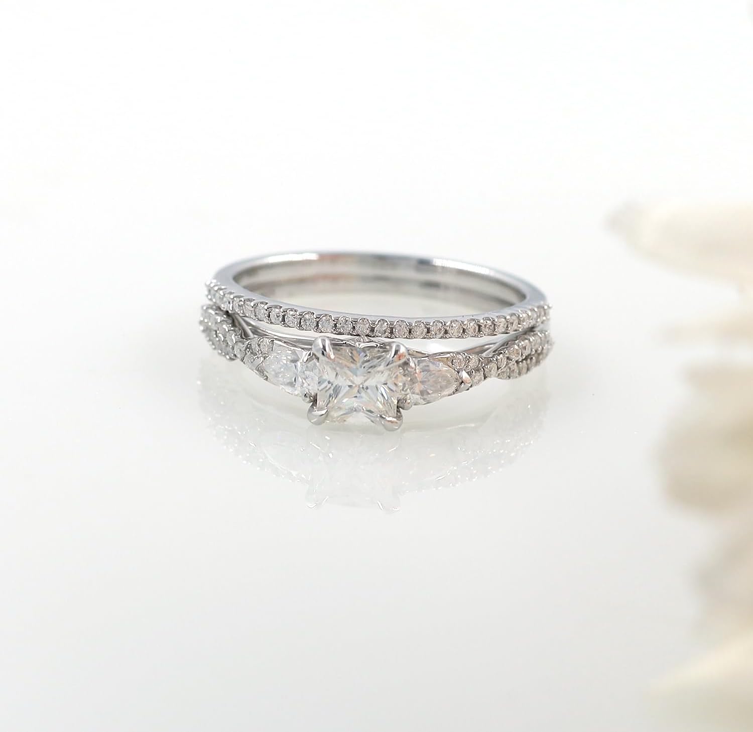 Infinity Shank 3-Stone Bridal Set Engagement Wedding Bands Ring 5MM Princess & Pear Cut Lab Created Moissanite In 925 Sterling Silver 10K & 14K Solid Gold Jewlery (1.40 Cttw,VVS1 Clarity)