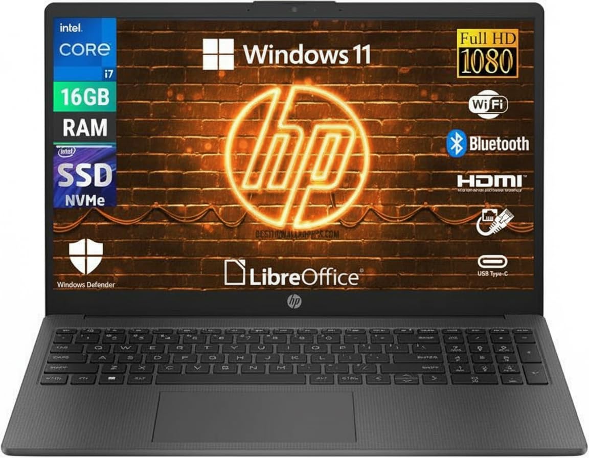 HP 250 G10, Notebook Pc portatile Intel Core i7-1355u 5.0 Ghz, Ram 16Gb, SSHD 512Gb, Display 15.6" Full Hd, Windows 11,Libre Office,pronto utilizzo,Garanzia italia
