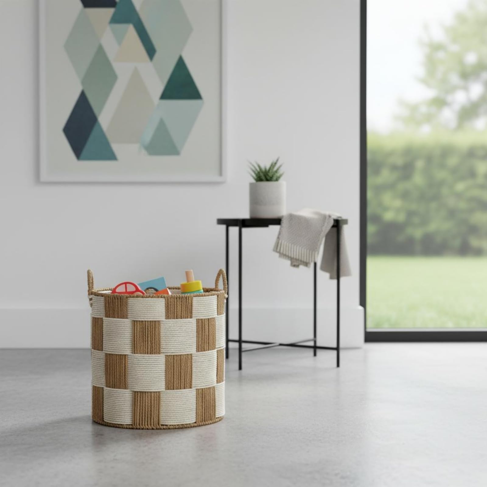 MagiDeal Cesta de Ropa Tejida Cesto Canasta Contenedor Tejido a Mano con Cuerda de Papel y Estructura de Hierro Cuerpo de Gran, Pequeño 34cm X 41cm, Cesta Redonda Pequeña