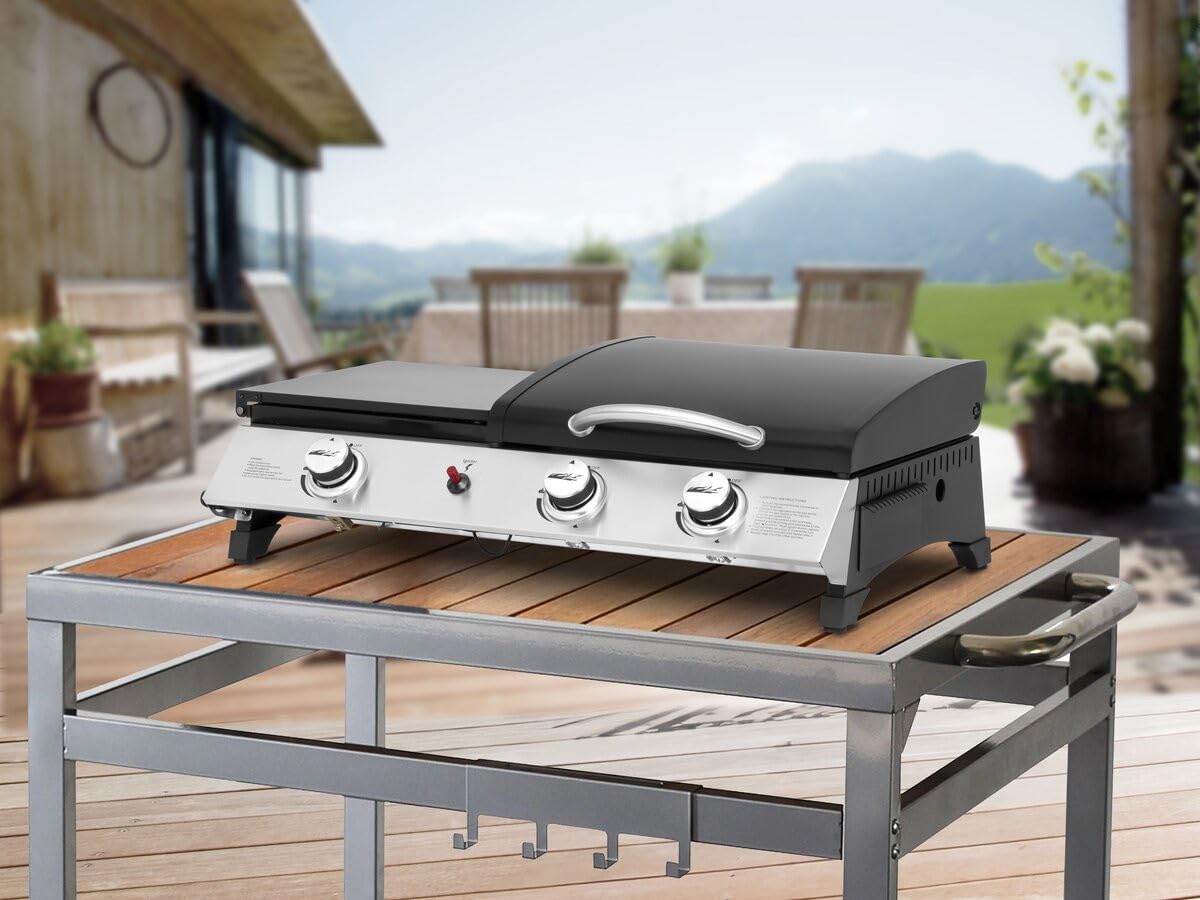 Plancha gaz avec Couvercle Rasio - 7.5 KW - 3 brûleurs - Noir