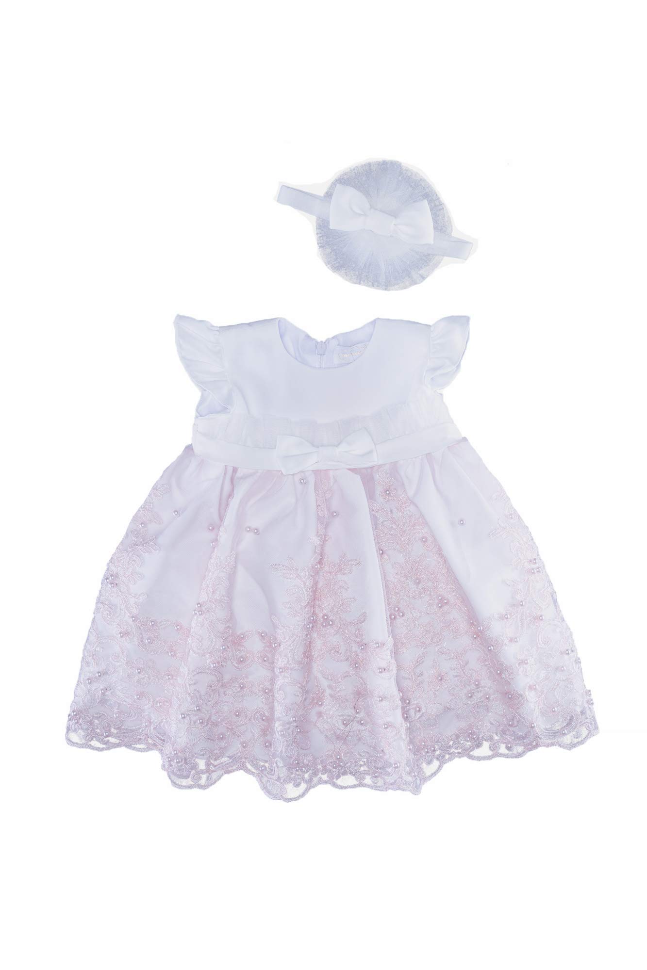 Edel Festkleid Taufkleid mit Haarband Hochzeitskleid aus Spitze Rosa
