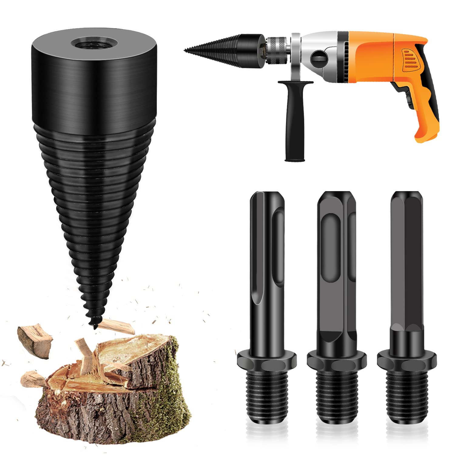 Spaccalegna Cono di legno, Cono per vite Spaccalegna, Trapano Legna Ardere, con 3 Manici (Esagonale, Rotondo, Quadrato) per Legno di Diametro Inferiore (42mm)