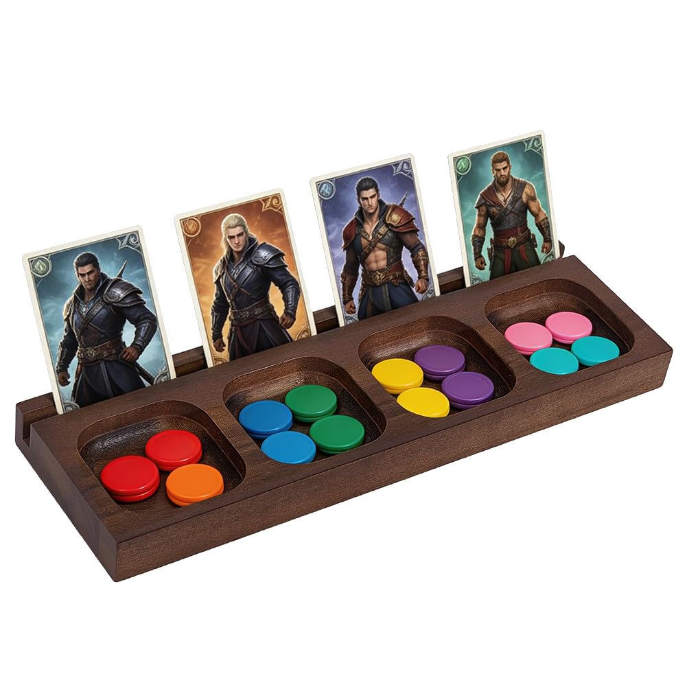BENECREAT 8.66x2.76 Inch/22x7cm Wooden Token Tray Board, Game Organizer with Card Holder, 4-Compartment Coconut Brown Tabletop Gaming Storage for Tokens Dice and Game Pieces