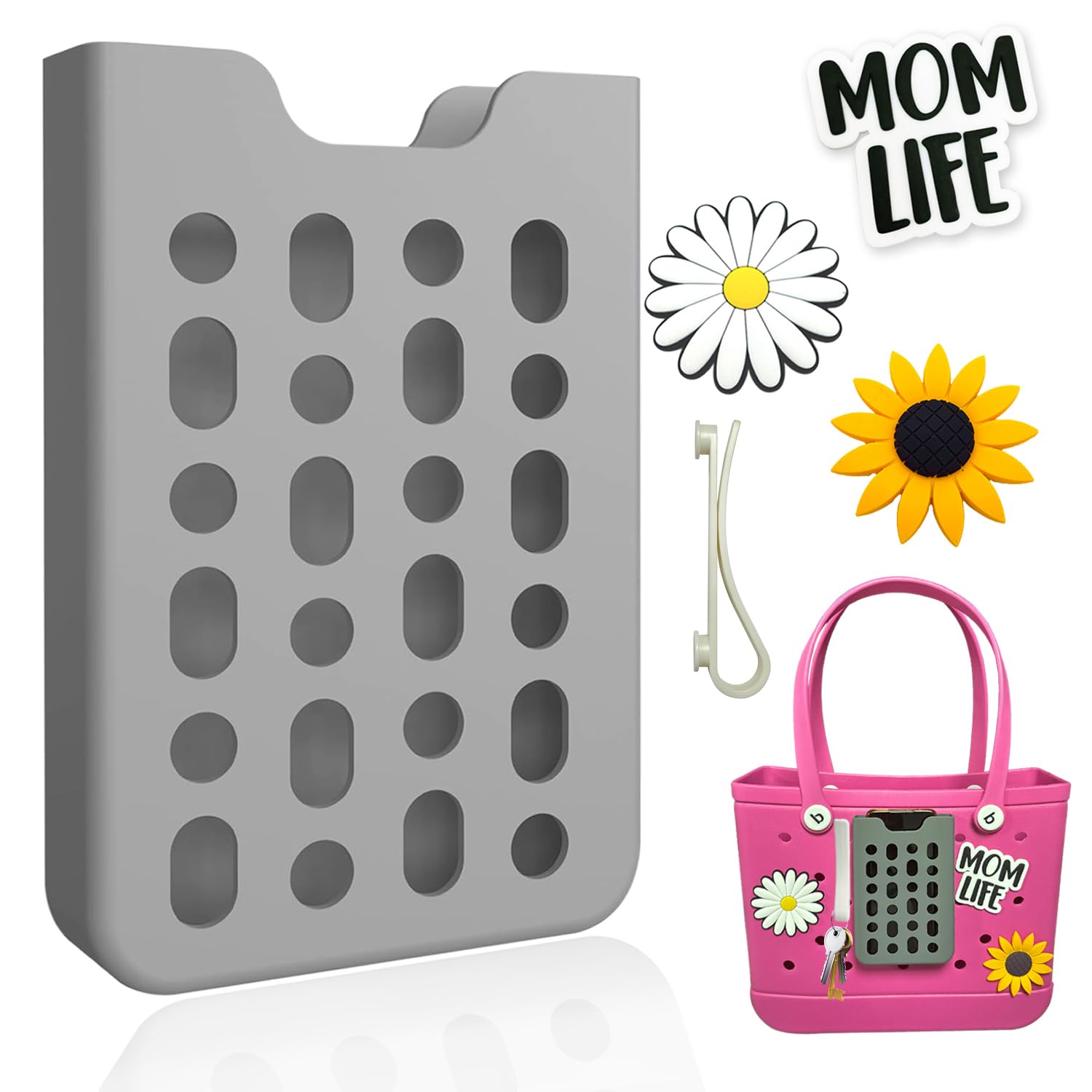 YIXIPAZH Accessories Set for Bogg Bag, 1Pcs Phone Holder Fit for Bogg Bag, 3PCS Charms for Bogg Bag Accessories Charms Set, 1pcs Hooks Compatible with Bog Bags Beach Rubber Beach Bag (grey)