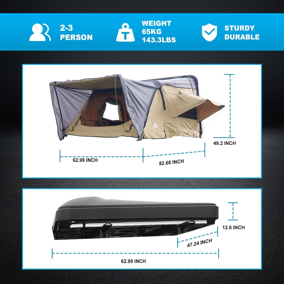 CPW Universal Rooftop Tent Khaki Hard Shell Roof Top Tent Outdoor Camping Waterproof Tent w/Retractable Ladder & Off-Road Tent Sunroof for 2-3 Adults