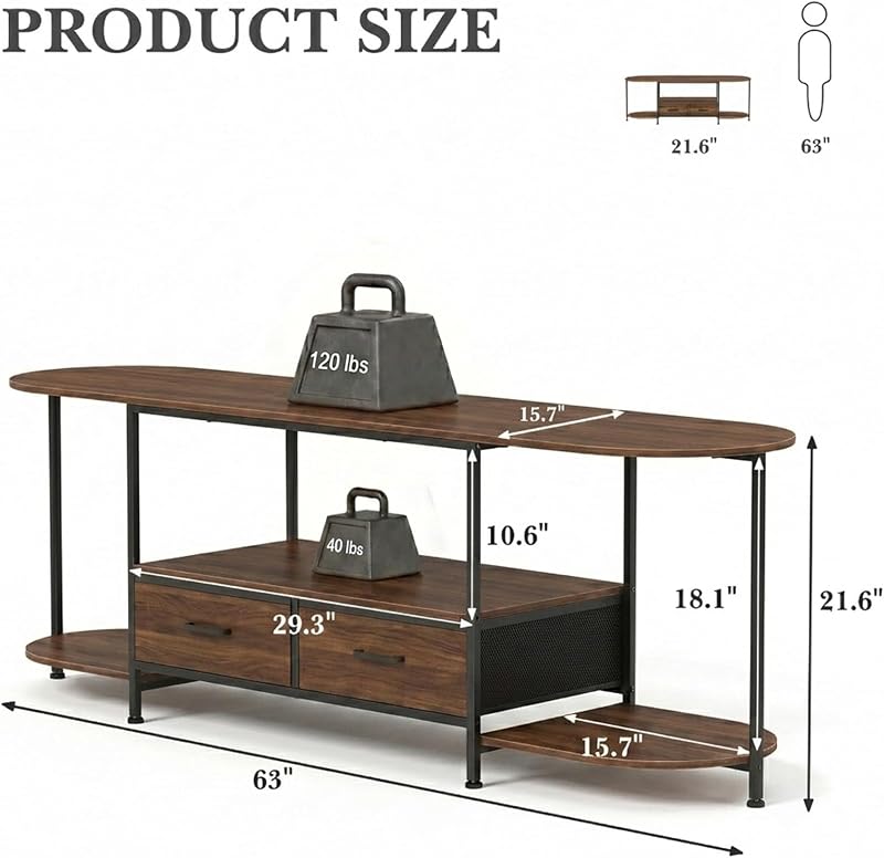 Faesun 63" TV Stand for TVs up to 75 Inches, Curved Edge Media Console & Entertainment Center with 2 Fabric Drawers, Modern TV Console Table for Living Room or Bedroom, Walnut image 3
