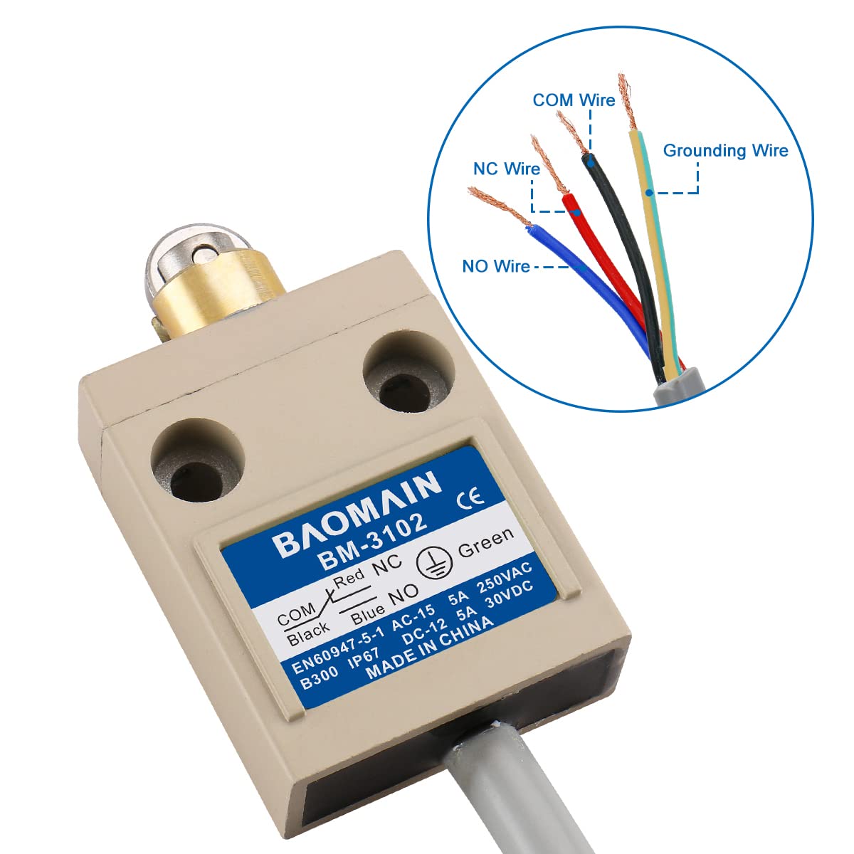 BAOMAIN Interrupteur de Fin de Course Industriel BM-3102 (TZ-3102), Piston à Rouleau en Acier Inoxydable, Étanche IP67, Contact Momentané SPDT (1NO+1NC), Commutateur de Position Robuste
