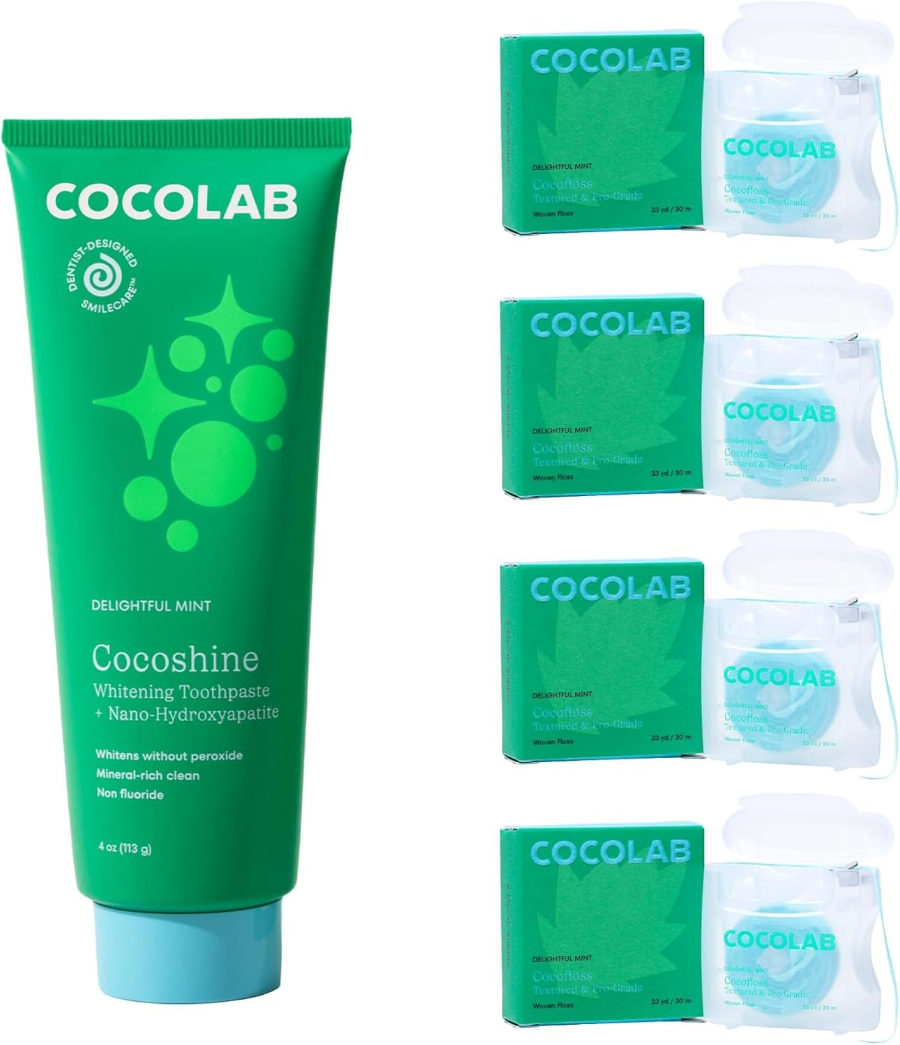 Cocolab Cocofloss Oral-Care Set 4 Spools Dental Floss 1 Cocoshine Woven String Floss with Coconut Oil Powerful Whitening