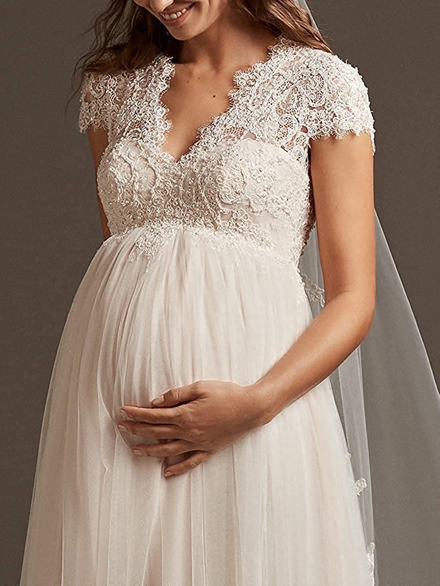 Robe de mariée de grossesse - Col en V - Dentelle - Grandes tailles avec traîne