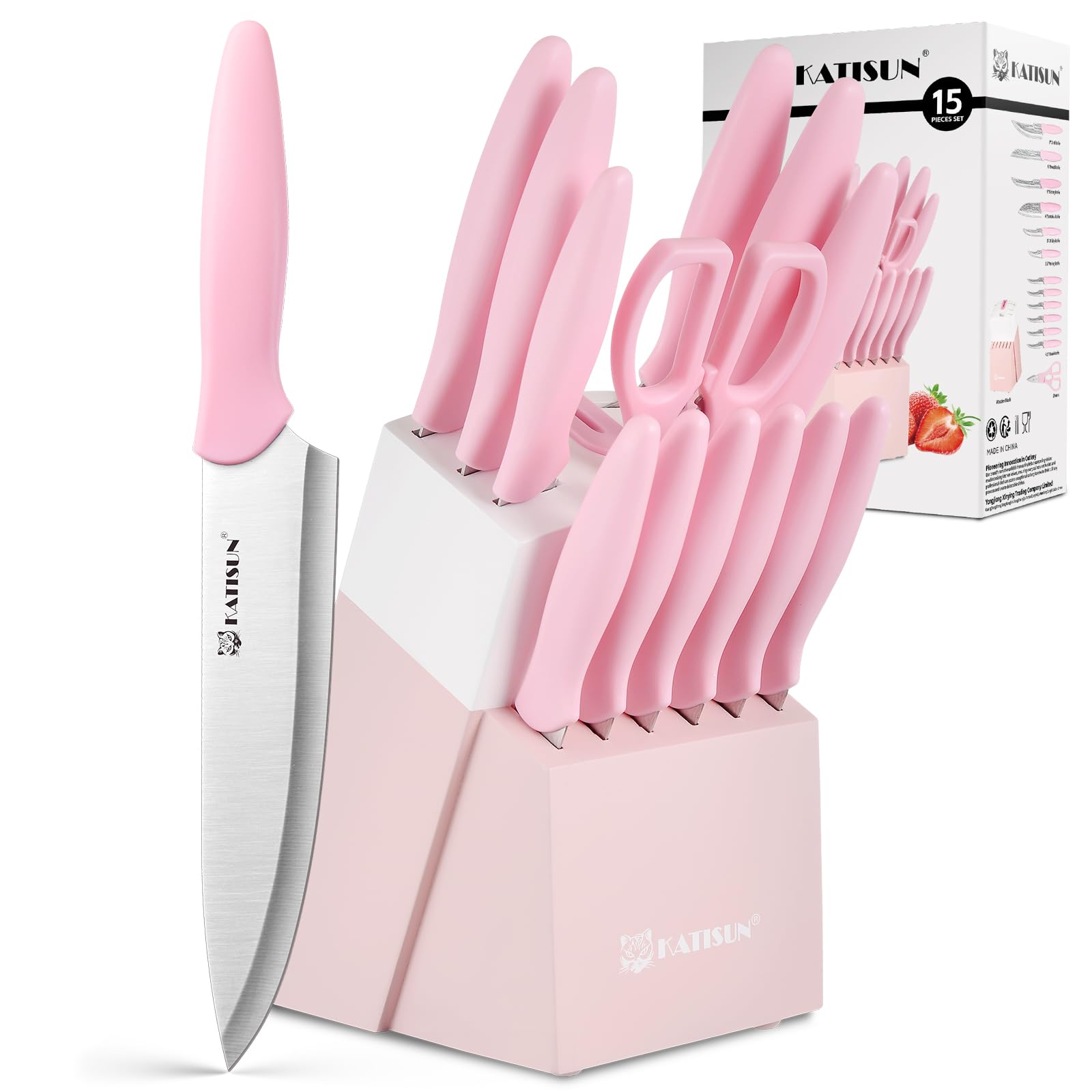 Knife Set - 15 PCS Kitchen Knife Set with Built-in Sharpener Block
