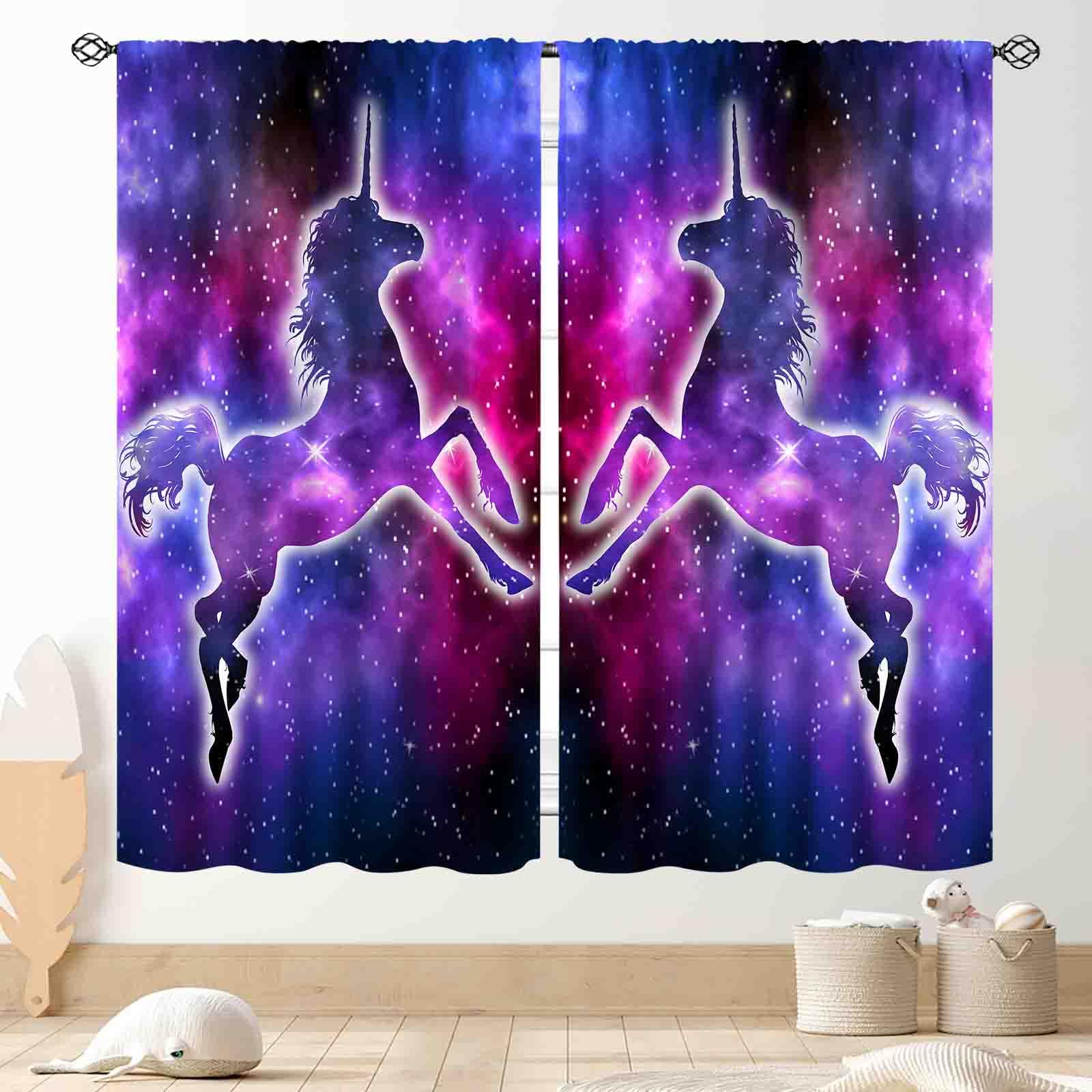 TKUYO Galaxy Curtains, Outer Space Star Celestial Universe Unicorn Curtains Drapes for Girls Bedroom Kids Room Living Room Nursery Puple Unicorn Blackout Window Treatments 2 Panel Sets, 42