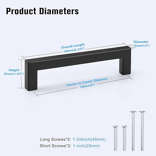 Miniatura 6 de KNOBWELL Paquete de 20 manijas cuadradas de gabinete de cocina de 5 pulgadas, tiradores de armario negro mate de 5.039 in, pomos de cajón de tocador