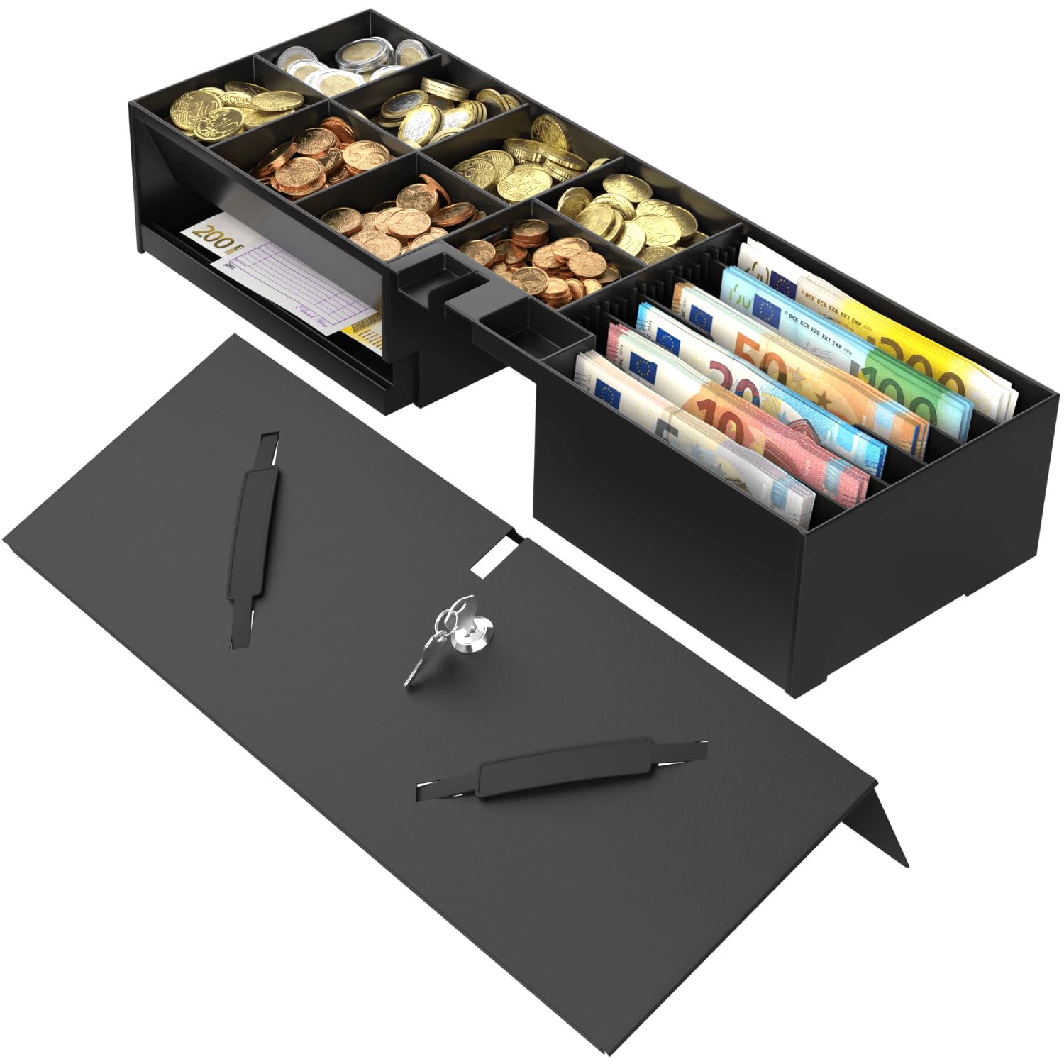 Intérieur avec couvercle et serrure pour tiroir en espèces Flip-Top ouverture verticale automatique pour imprimante POS et caisse enregistreuse, 5 billets - 8 pièces - Universel