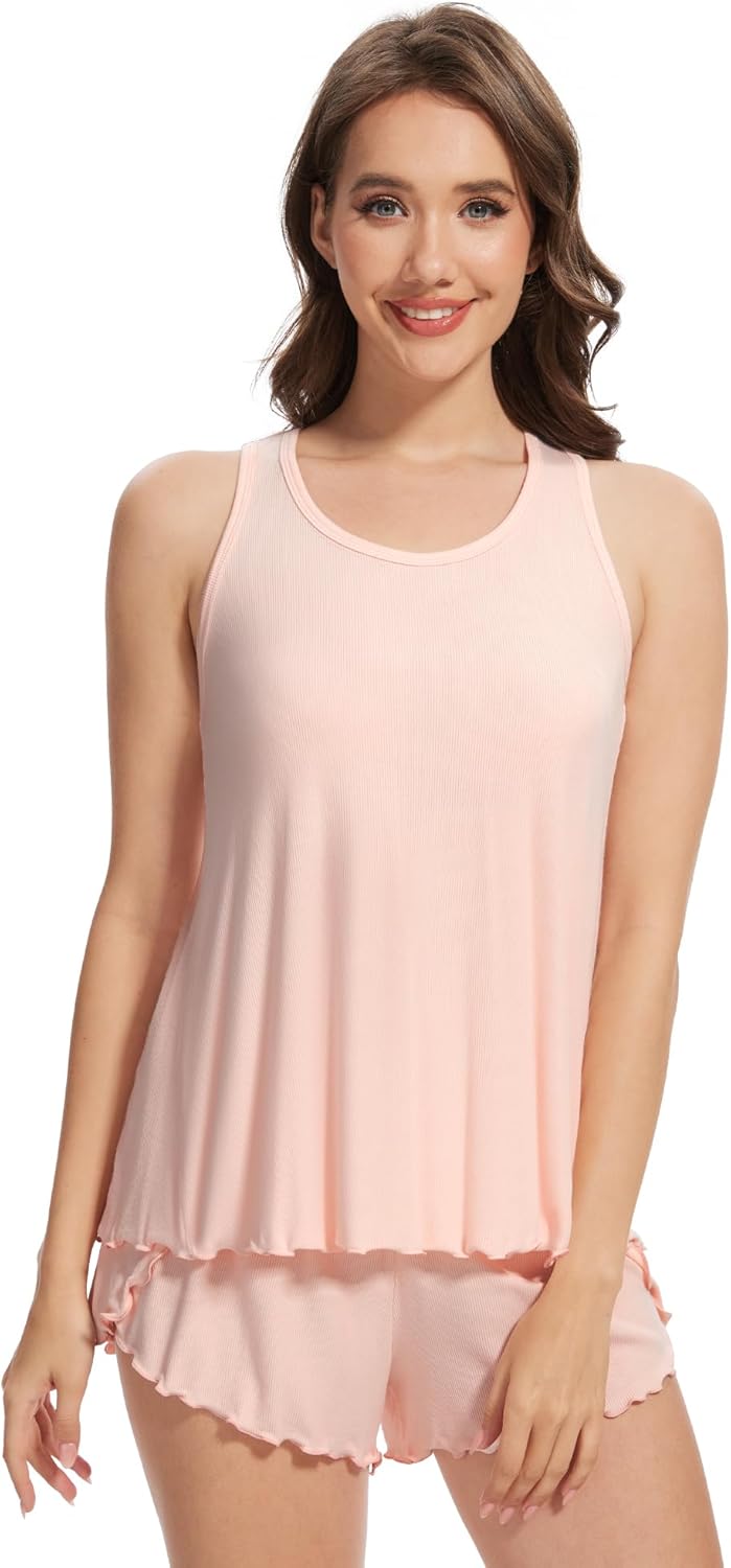 WiWi Pajama Set for Women Sexy Sleeveless Tops with Shorts Viscose from Bamboo Soft Ribbed Fabric Racerback Sleepwear S-XXL - Image 3