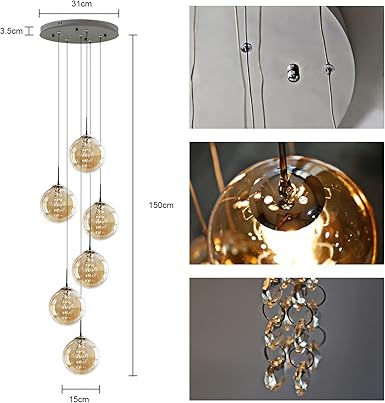 CBJKTX CBJKTX hanglamp eettafel hanglamp in hoogte verstelbare kroonluchter hanglamp 6-vlams glas in amber kleur keuken woonkamer lamp slaapkamer lamp hal lamp photo 2