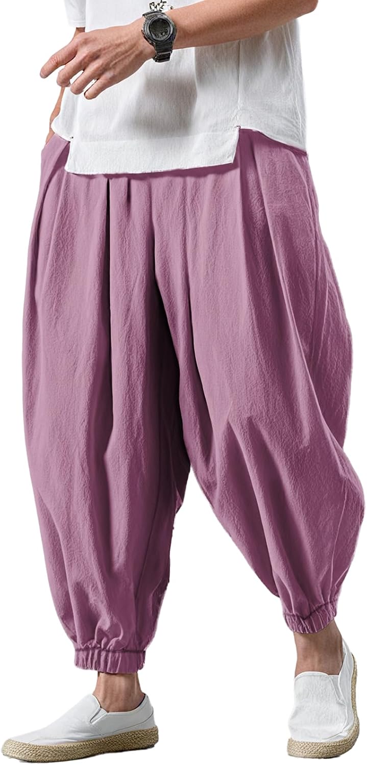 MARSVOVO Harem Pants for Mens Fashion Trousers Loose Elastic Waist Drawstring Belted Casual with Pockets Japanese Style