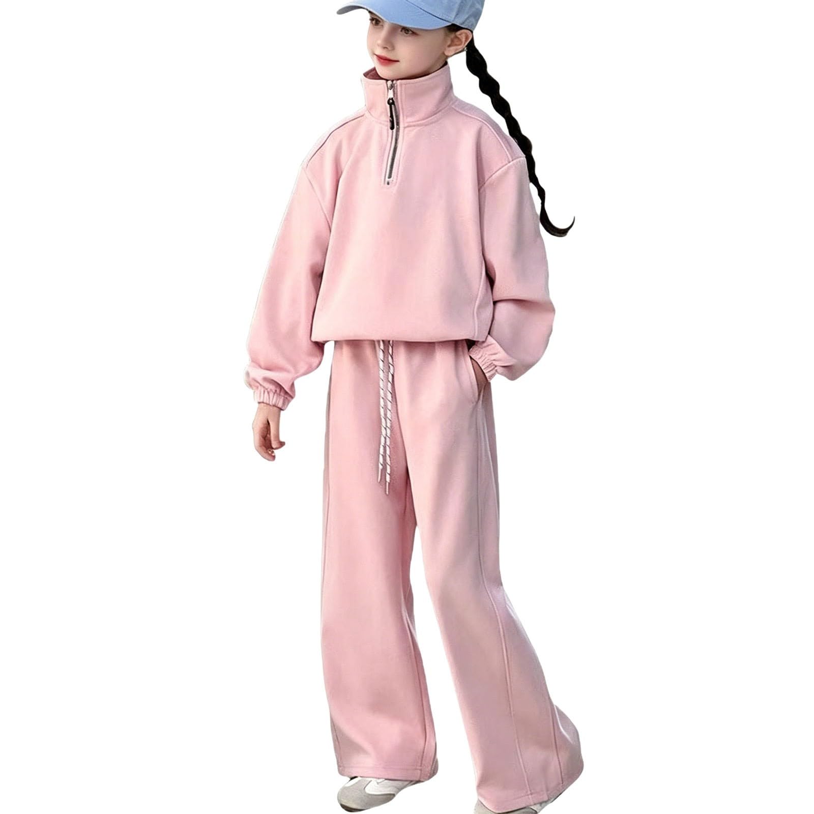 Tuta da ragazza con cappuccio e pantaloni della tuta con mezza zip, rosa, 7-8 anni | Felpa con cappuccio e pantaloni sportivi per bambini, set da 2 pezzi, per la scuola, casual, comodo, con cerniera a un quarto