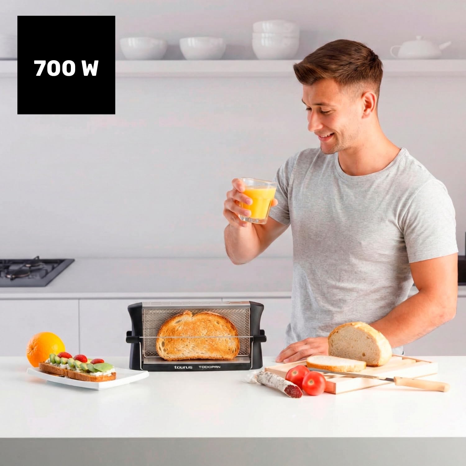 Taurus Todopan - Grille-pain vertical 700W, Jusqu'à 4 tranches, Tige de support, Grille de sécurité, Noir
