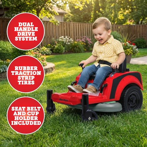 Kid Trax 12V Zero Turn Lawn Mower Jr. Ride on Toy - Riding Lawn Mower, Outdoor Toys, Kids Electric Car, Tractor Toy, Dual Handle, Twist and Turn, Speed to 2.5 MPH, Max Weight of 66lbs, Age 2-5, Red by Kid Trax - Used condition - Image 6