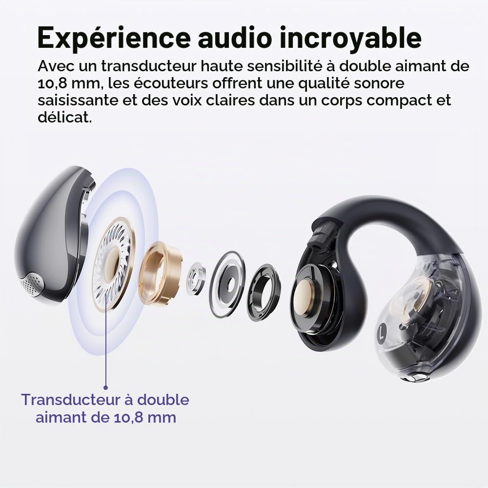 QCY Crossky C30 Écouteurs Bluetooth sans Fil,Écouteurs Sport Bluetooth 5.4 Clip Ouverts,avec Micro antibruit 4 ENC,EQ personnalisé,Étanche IPX5, Idéal pour Le Sport/Fitness,Noir