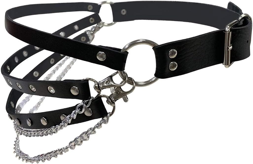 Eigso Punk Leather Belts for Women O-Rings Chains Goth Rock Garters Strap for Woman Waist Chain Belt Adjustable