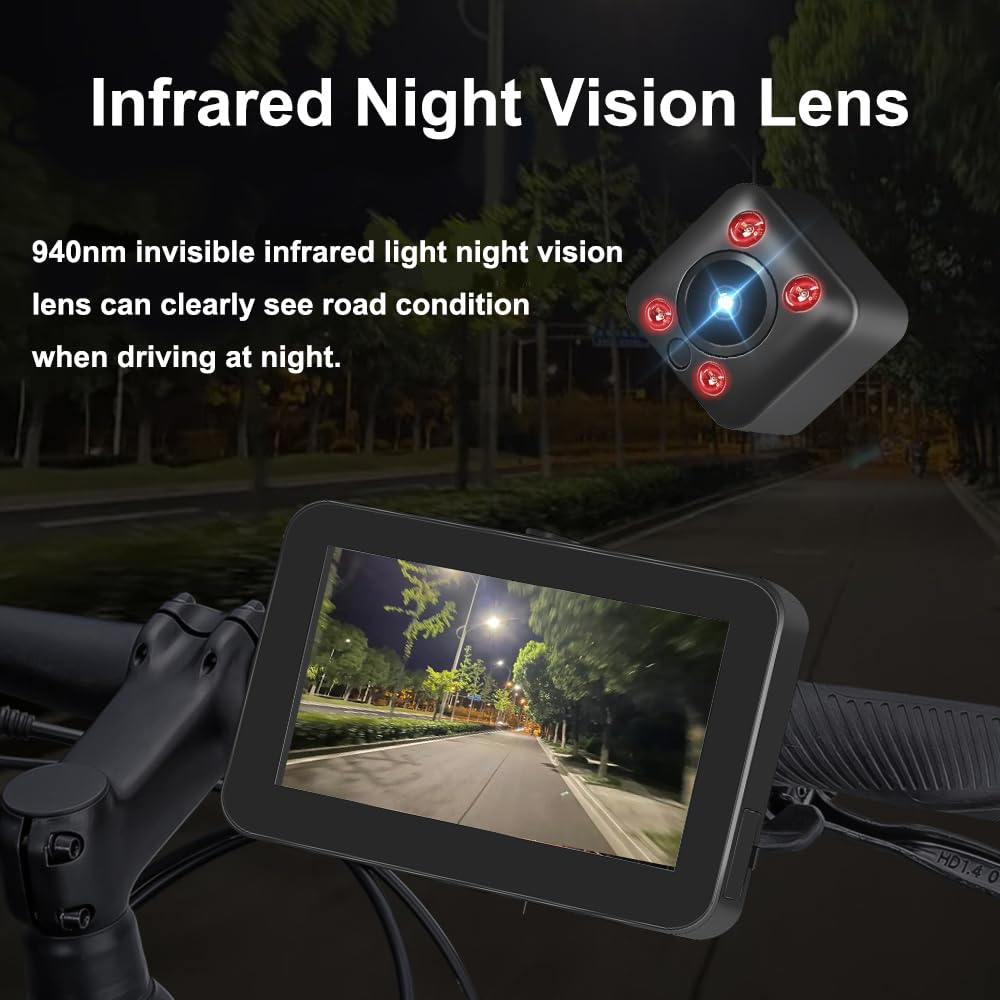 Telecamera posteriore per bicicletta VSYSTO, display HD impermeabile da 4,3 pollici con GPS, controller cablato, visione notturna a infrarossi, display di temperatura e calorie